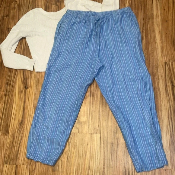 Parisian Works Pants - Parisian works women XL pants drawstring linen stripe pockets blue relax casual